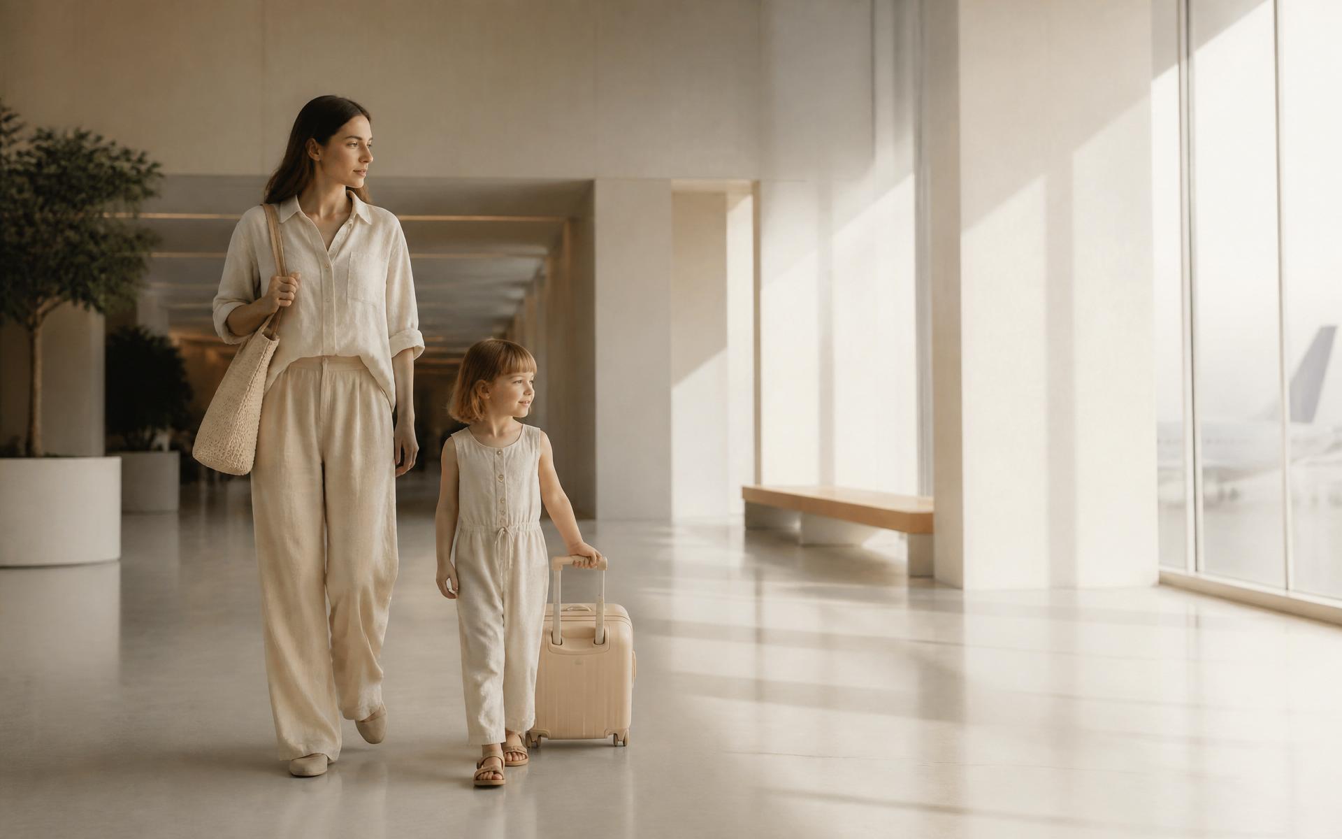 Mother and child walking through a sunlit airport terminal
